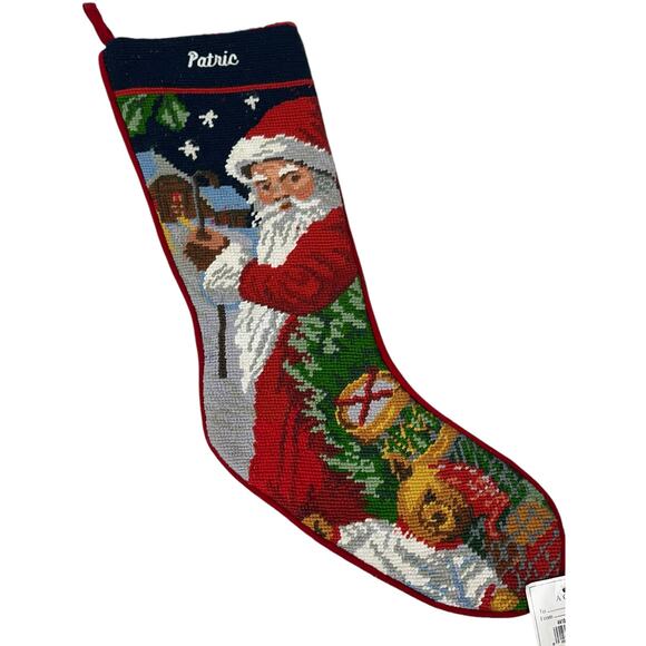 Vintage Needle Crafts Needlepoint Stocking Santa Velvet‎ back and Fabric Lined - Picture 2 of 6